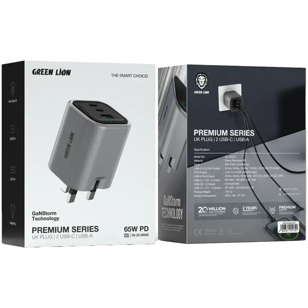 Green Lion Premium Series GaN Charger UK Plug PD 65W - Gray3.webp