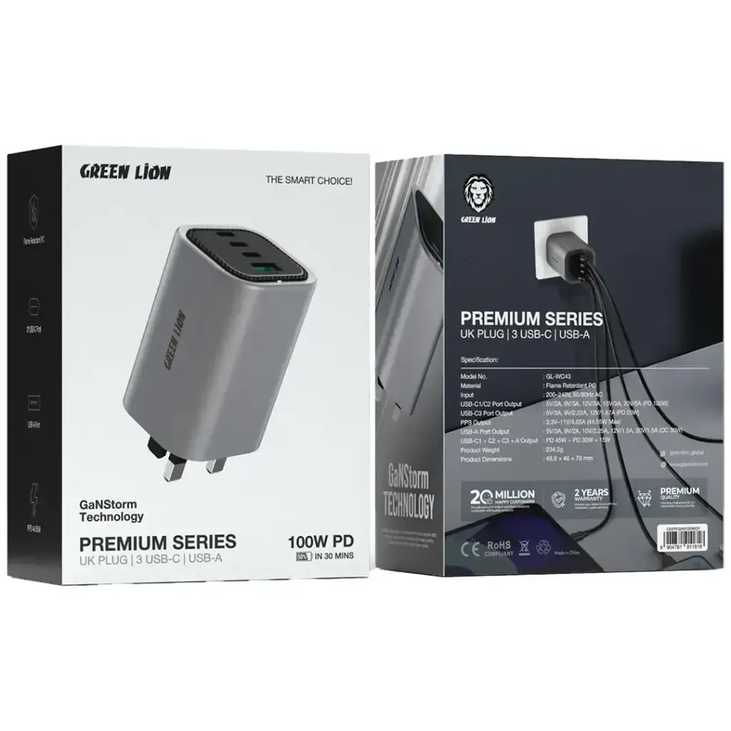 Green Lion Premium Series GaN Charger UK Plug PD 100W - Gray3.webp
