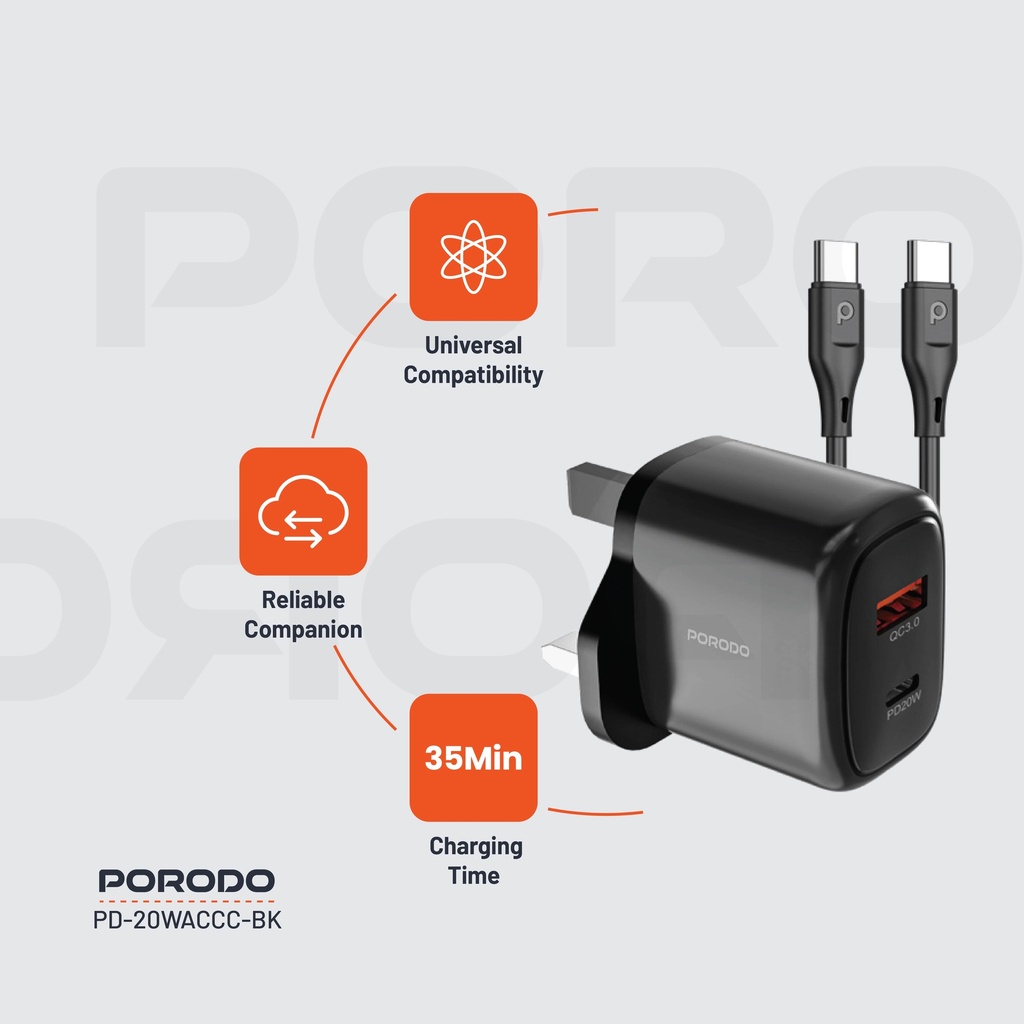 Porodo Dual Output Quick Charger USB-C PD and USB-A QC