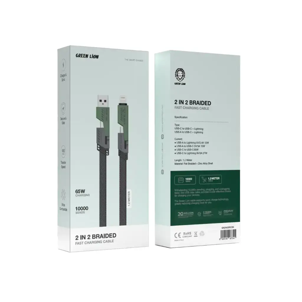 Green Lion 2 in 2 Braided Fast Charging Cable - Black.webp