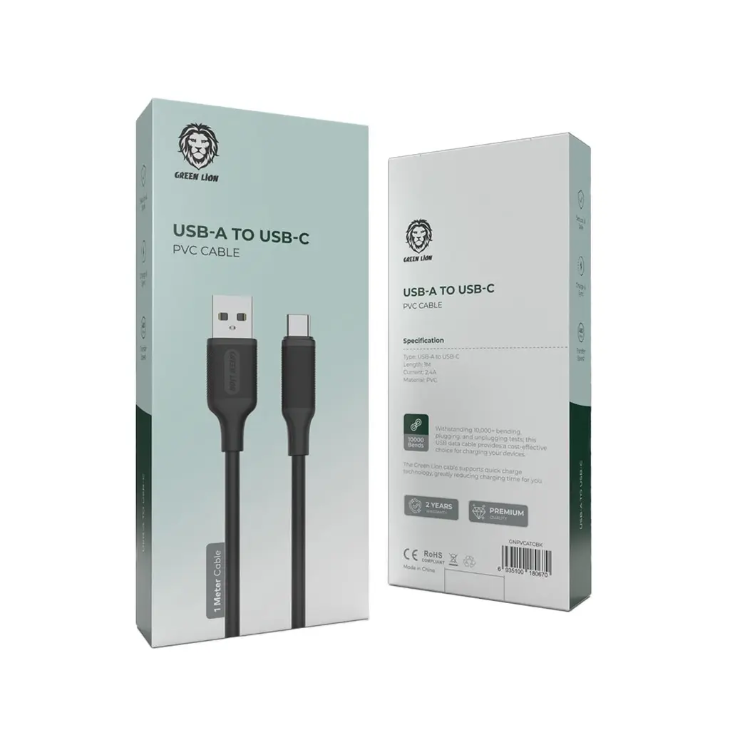 Green Lion Charger & Cable Green Lion USB-A to USB-C PVC Cable 1M 2.4A Secure & Safe Black [GNPVCATCBK].webp