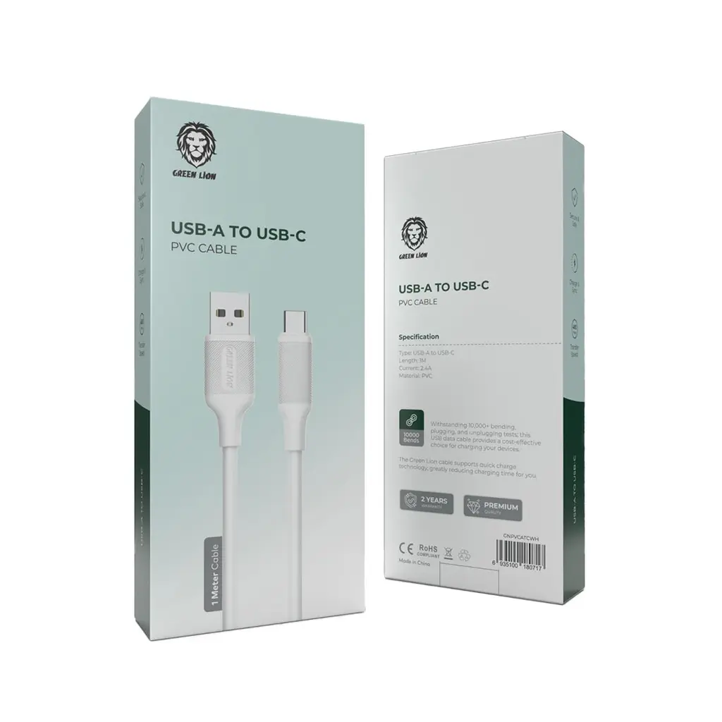 Green Lion Charger & Cable Green Lion USB-A to USB-C PVC Cable 1M 2.4A Charge & Sync  White [GNPVCATCWH].webp