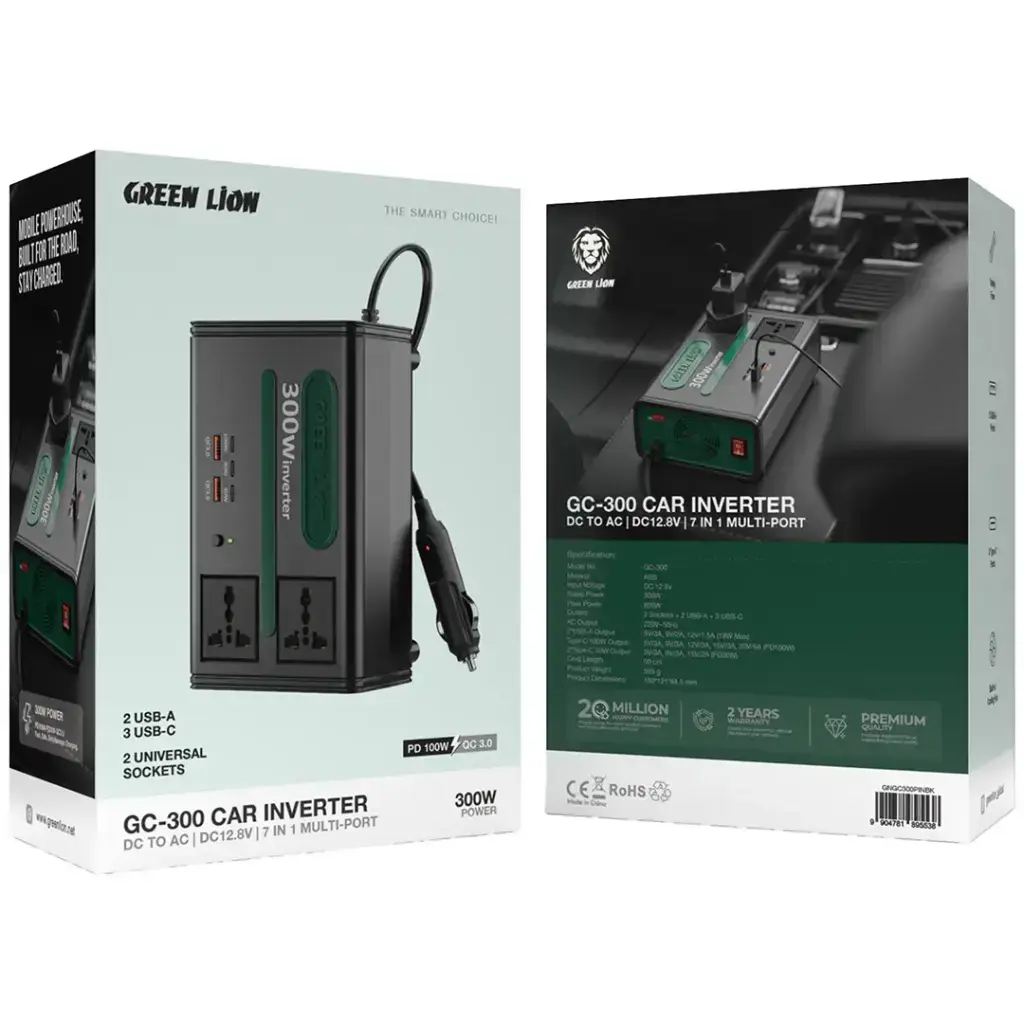 Green Lion GC-300 Car Inverter 7-In-1 Multi-Port with DC to AC & DC 12.8V - Black3.webp
