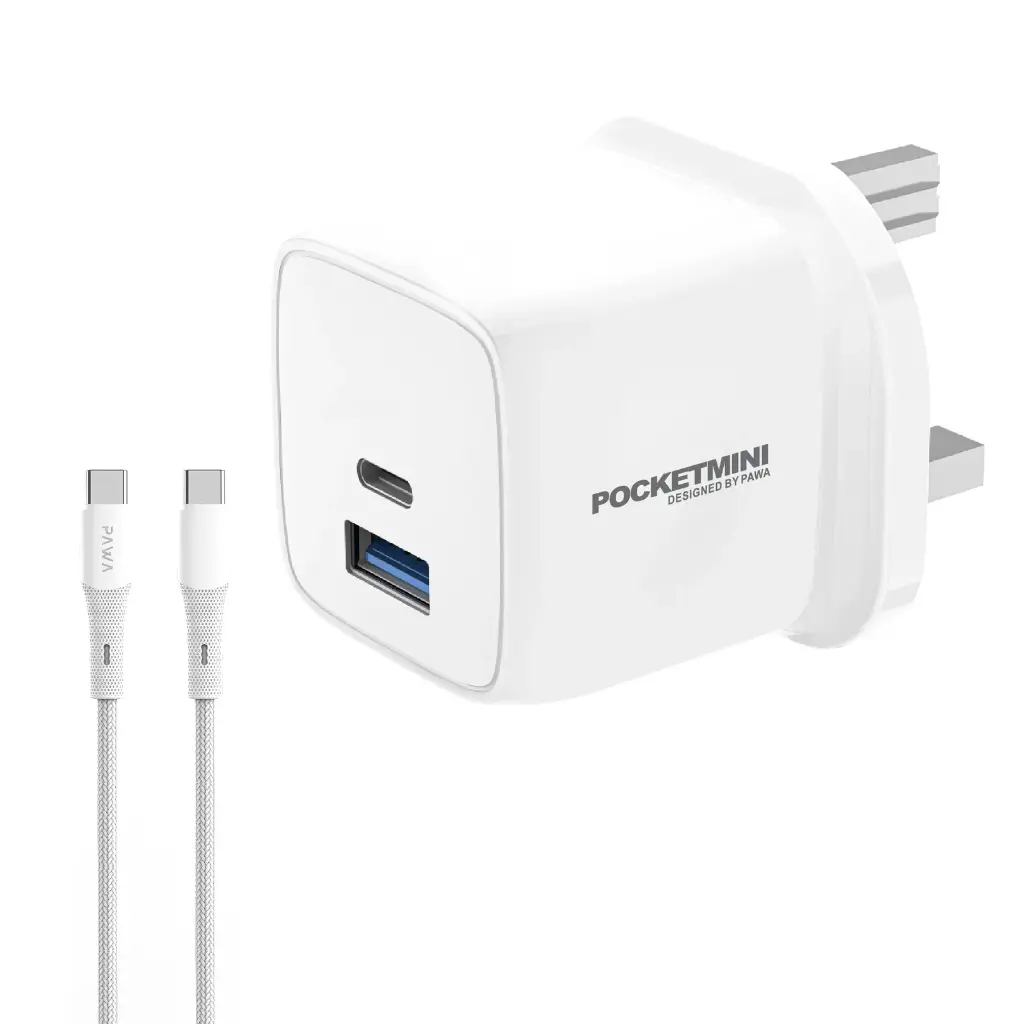 شاحن سفر PocketMini بمنفذي PD وQC بقوة 20 وات مع كابل من النوع C إلى النوع C