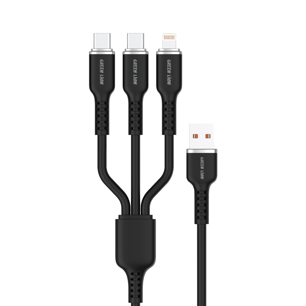 Green Lion 3in1 Silicone Cable USB-A To USB-C×2 and Lightning - Black