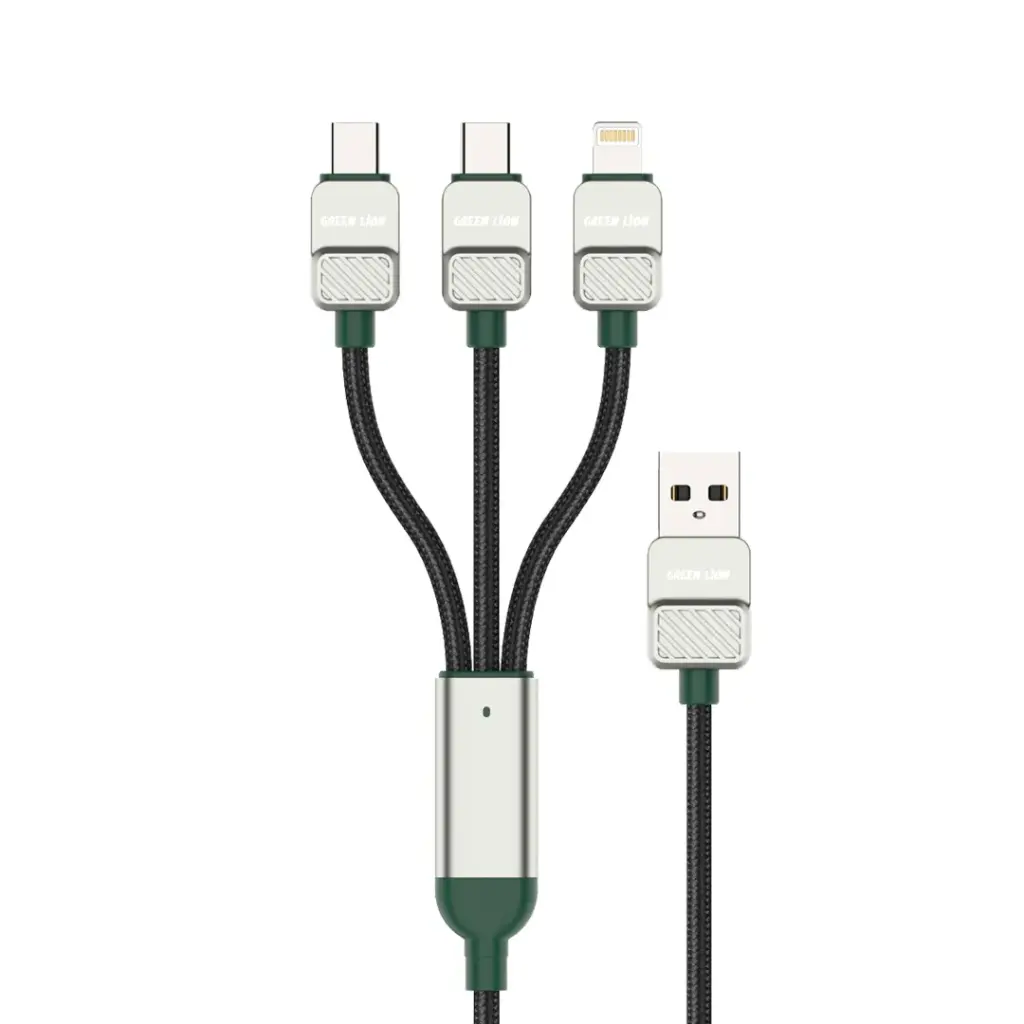 كابل Green Lion 3 في 1 مضفر USB-A إلى C+C+L - أسود + أخضر داكن