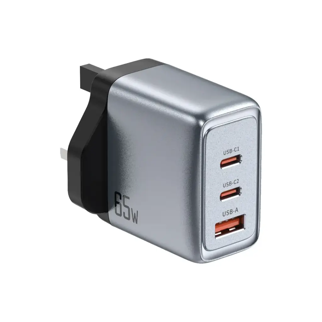 شاحن حائط Green Lion GaN Premium UK Plug بقوة 65 وات - رمادي