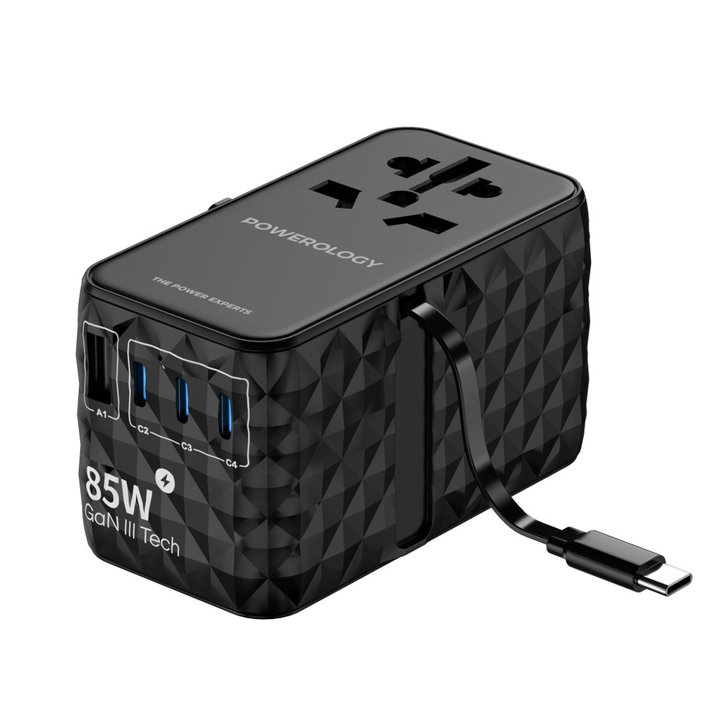 كابل شاحن فائق Powerology Universal GaN 85W قابل للسحب من النوع C باللون الأسود