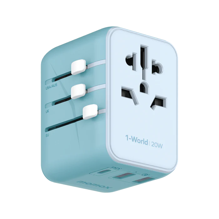 Momax 1-World 20W 3 Port Ac Travel Adaptor Blue