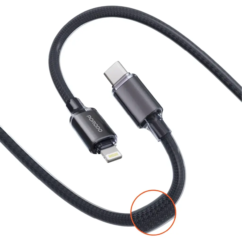 كابل Porodo USB-C إلى Lightning مضفر - أسود