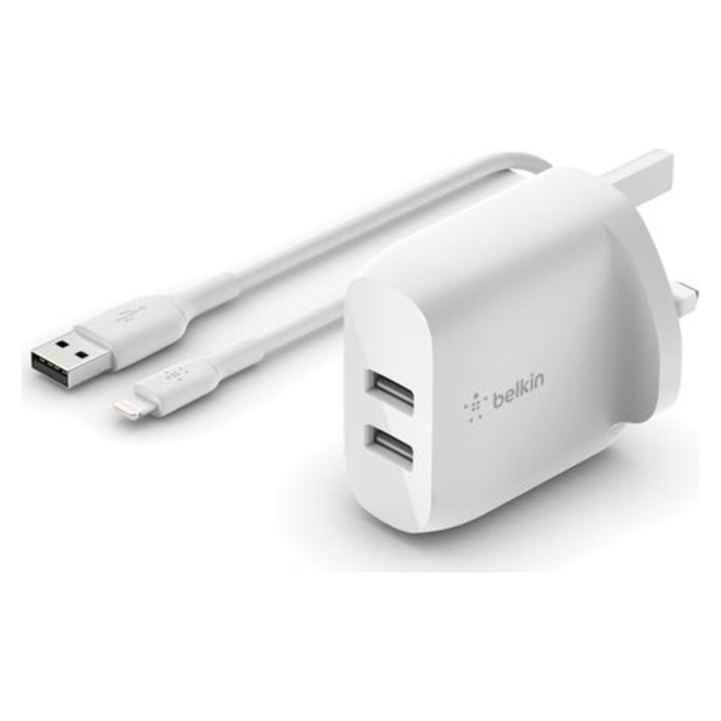Belkin BoostCharge Dual USB-A Wall Charger 24W + Lightning Cable 1m – White