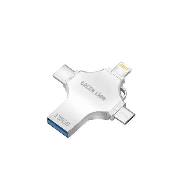 محرك أقراص فلاش USB 4 في 1 من Green Lion بسعة 128 جيجابايت - فضي