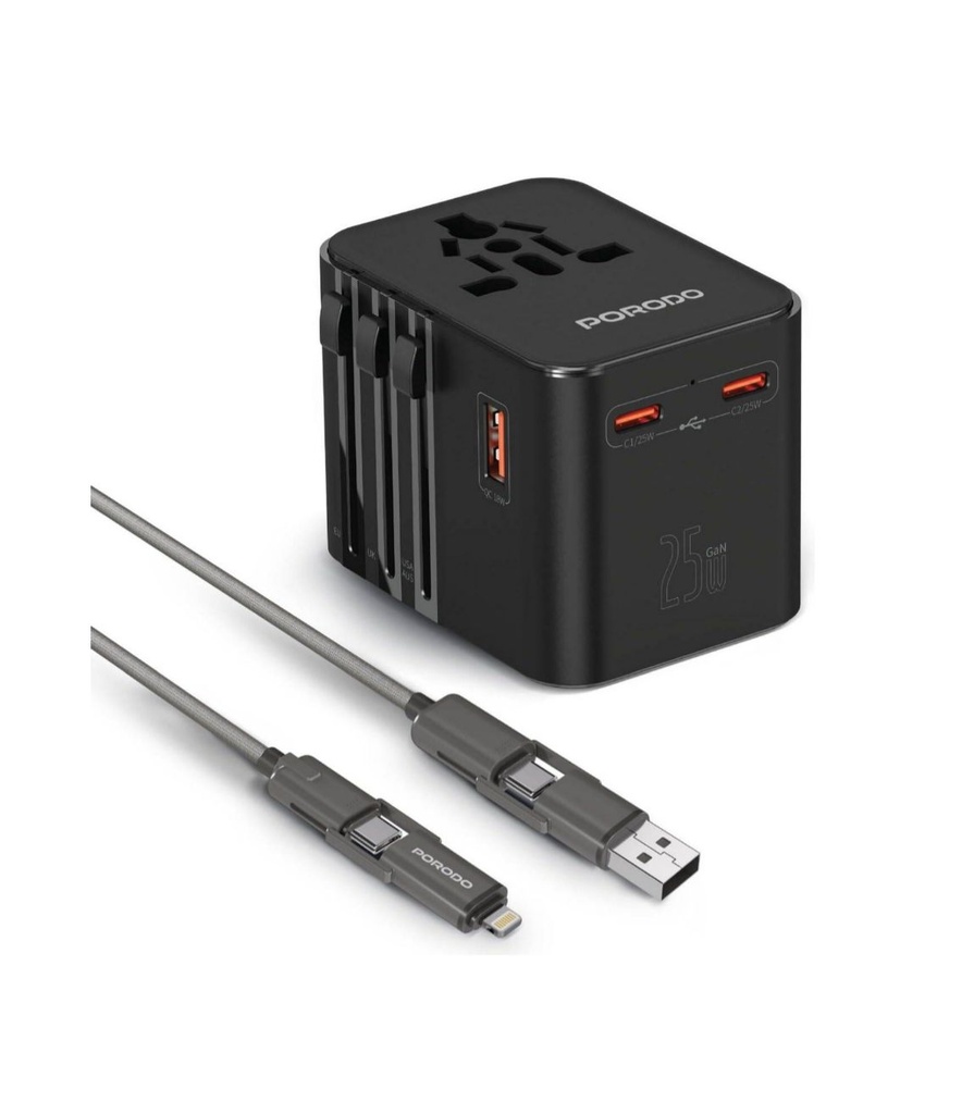Porodo GaN Universal Travel Multi-Port Quick Charger Built-In 4-In-1 Braided Cable – Black