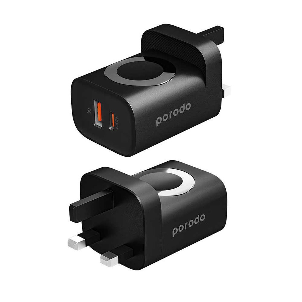 Porodo Dual Port Multi-Device Wall Charger With Integrated Watch Charger - Black