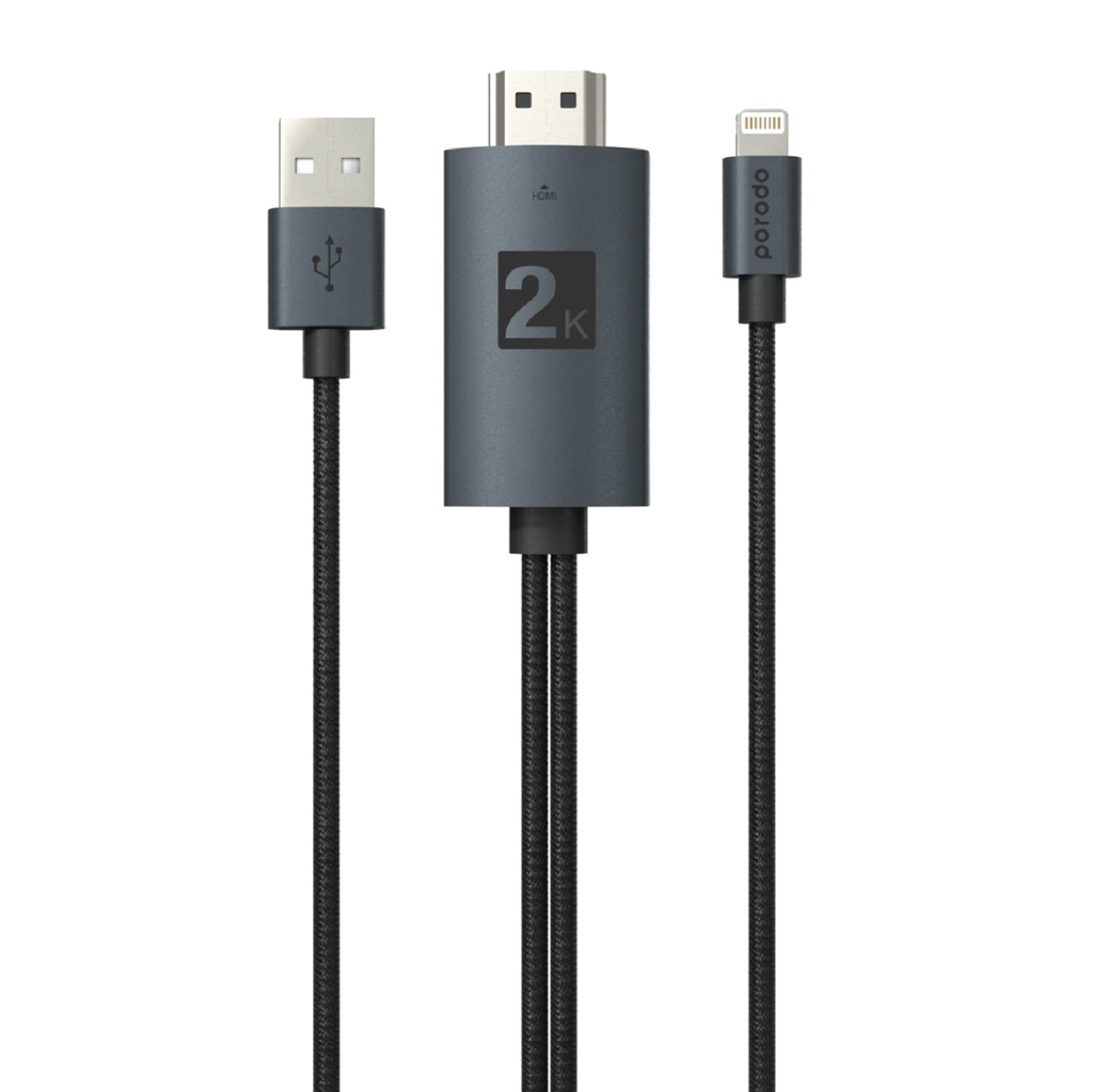 Porodo Braided 2K HDMI Lightning Cable 2M - Black