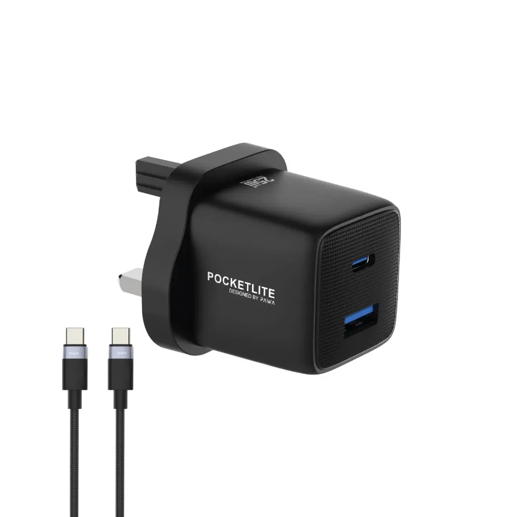 شاحن باوا بوكيت لايت للسفر بقوة 25 واط، يتضمن كابل USB-C مضفر إلى USB-C بقوة 60 واط - أسود