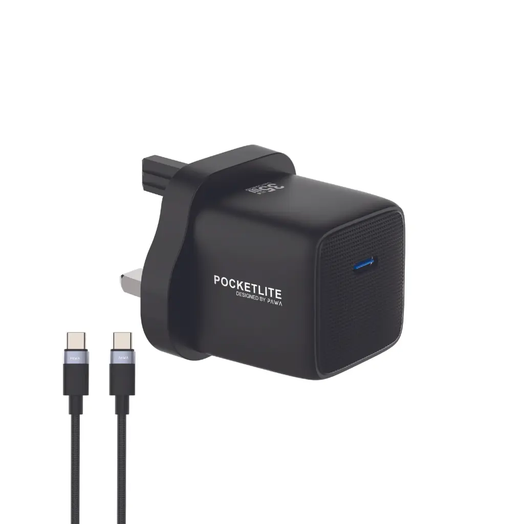 باوا شاحن سفر Pocketlite بقدرة 35 واط مع كابل USB-C إلى USB-C مجدول – أسود