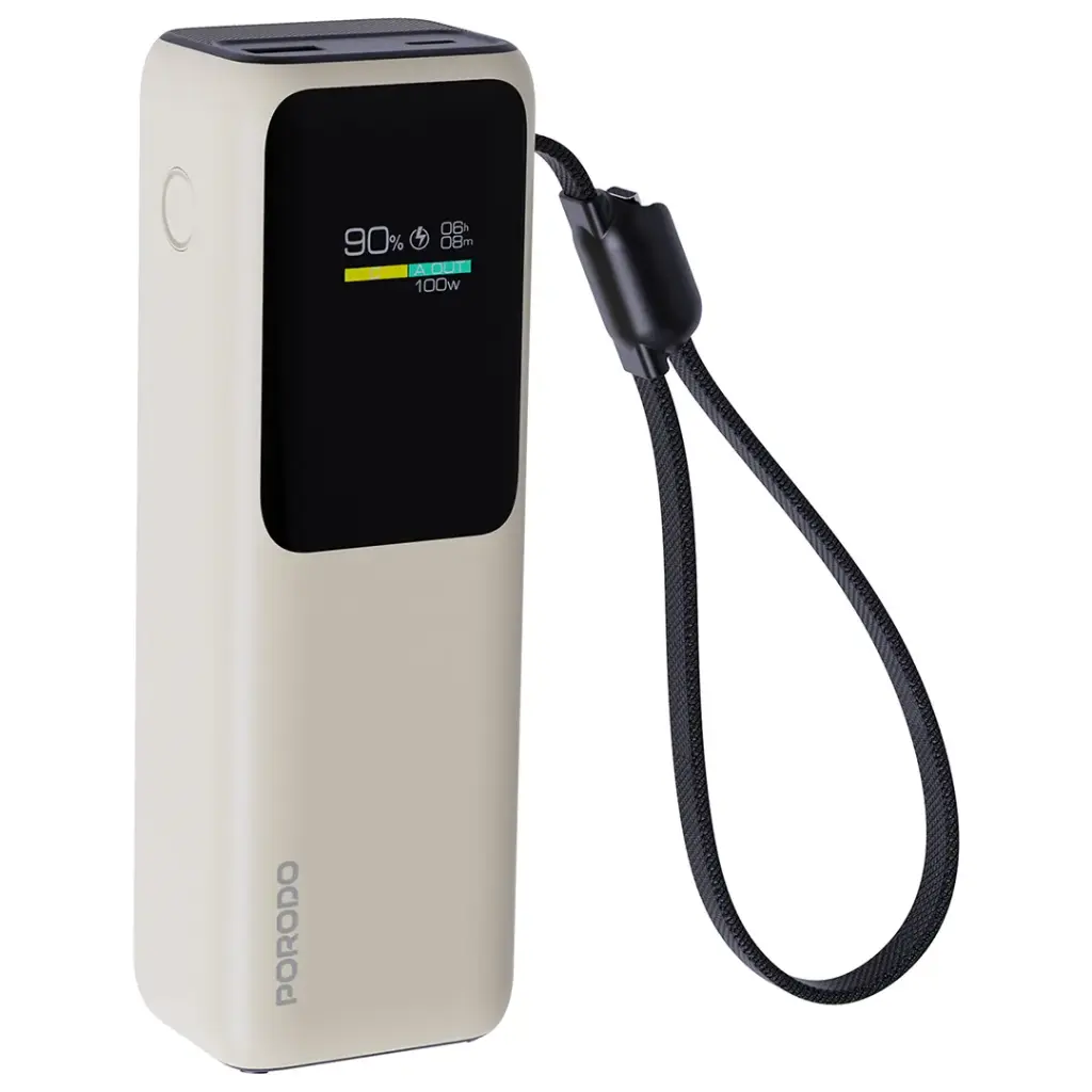 Porodo Smart Display 20000mAh Power Bank with Built-In USB-C Cable - Beige
