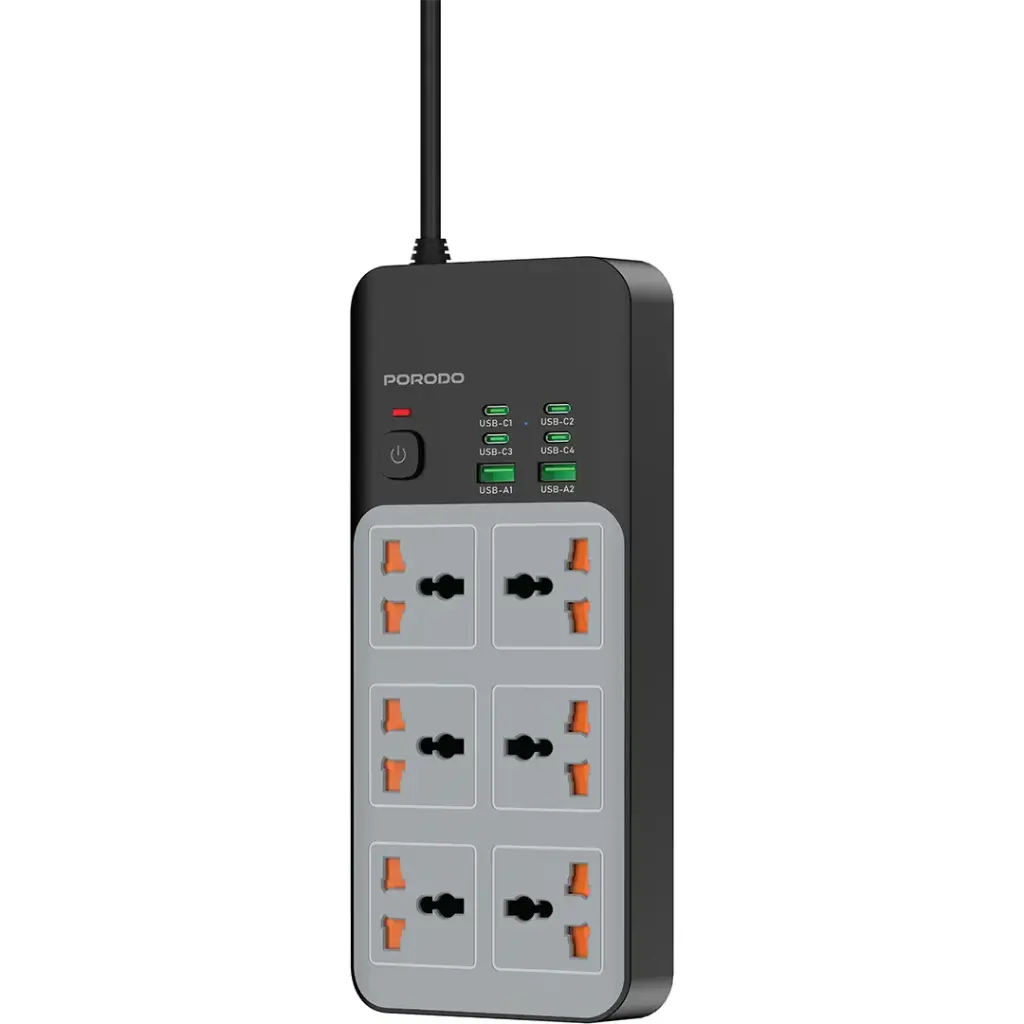 بورودو مشترك كهربائي بقدرة 3000 واط، 6 مقابس عالمية و6 منافذ USB: أربعة USB-C ومنفذا USB-A – رمادي