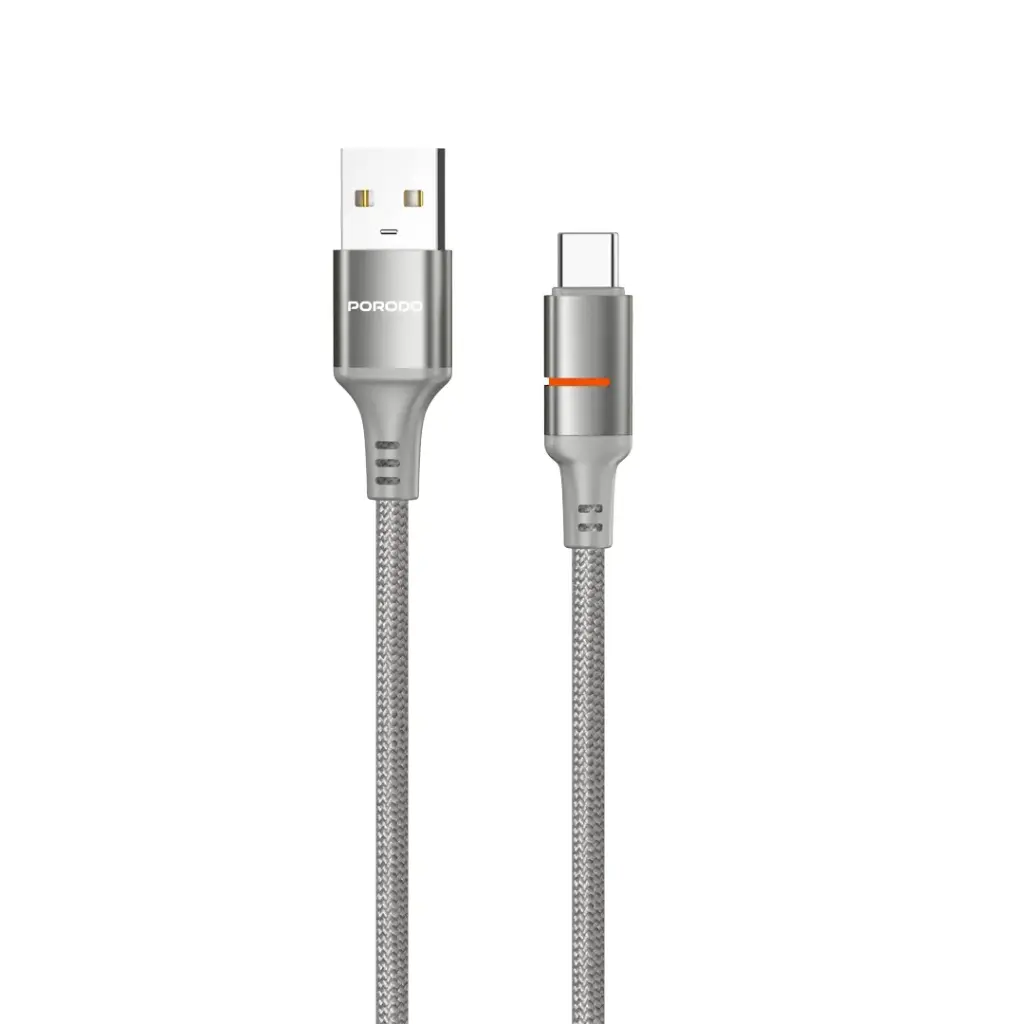 كابل إضاءة LED من نوع Porodo USB-A إلى USB-C، لون رمادي