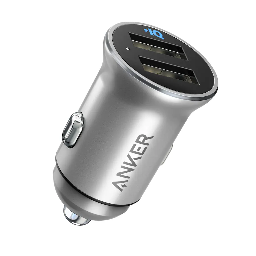 أنكر شاحن سيارة باور درايف 2 بمنفذي USB وقدرة 24 واط بهيكل معدني – فضي
