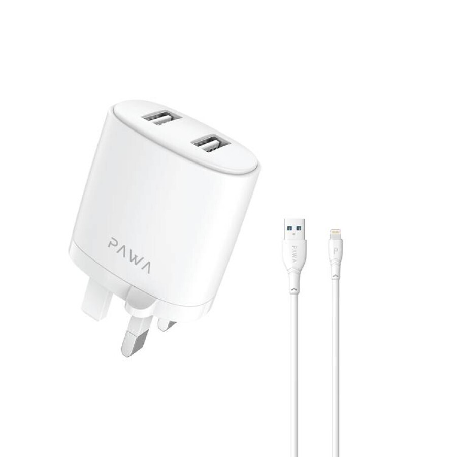 Pawa Solid Travel Charger Dual USB Port 2.4A With Lightning Cable-White
