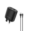 شاحن سفر باوا الصلب بمنفذي USB بقوة 2.4 أمبير مع كابل من النوع C - أسود