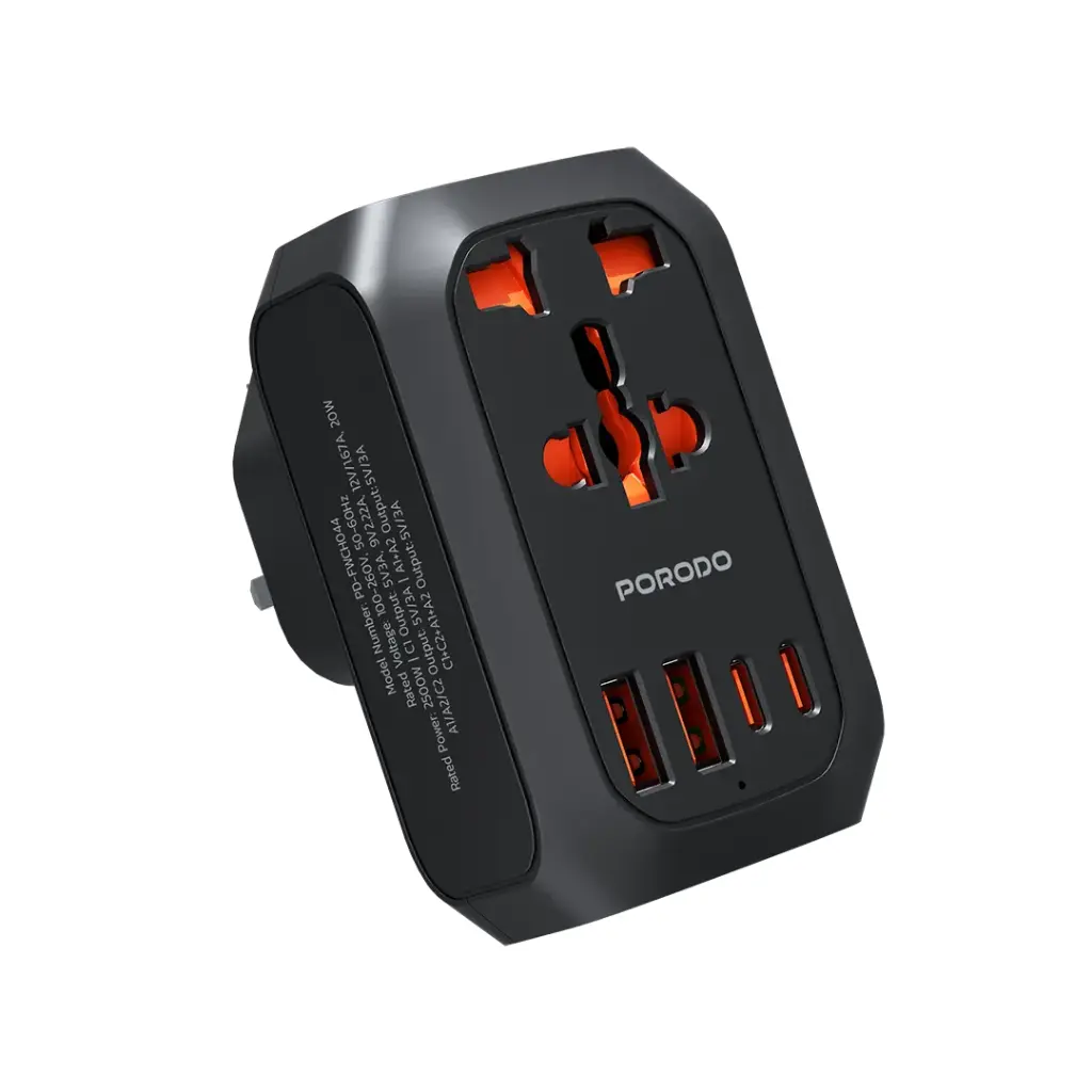 Porodo Universal AC Adapter Multi-Device Charging UK Plug - Black