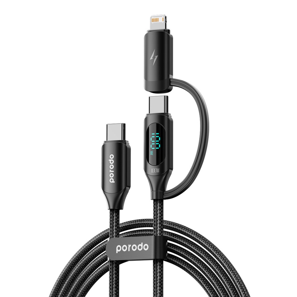 Porodo 2-IN-1 Digital-Display Fast Charging 1.2M Cable C to C+L - Black