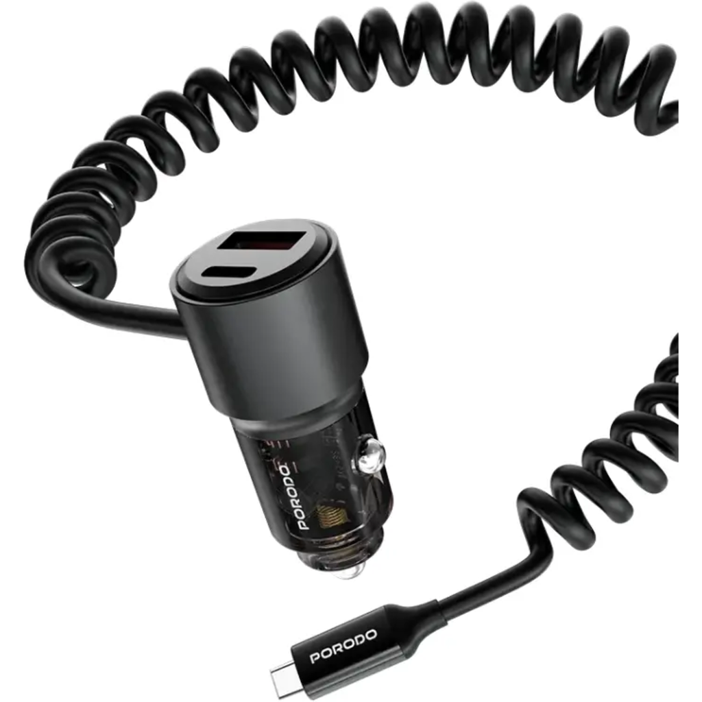 Porodo 110W Car Charger with Coiled USB-C Cable – Black