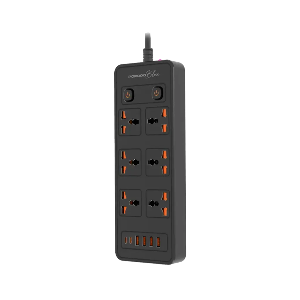 Porodo Blue 6 AC - Dual Switch Power Strip - Black