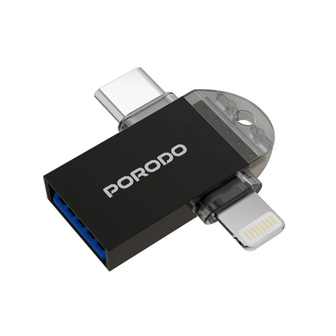 Porodo 3-in-1 Memory Card Reader - Black