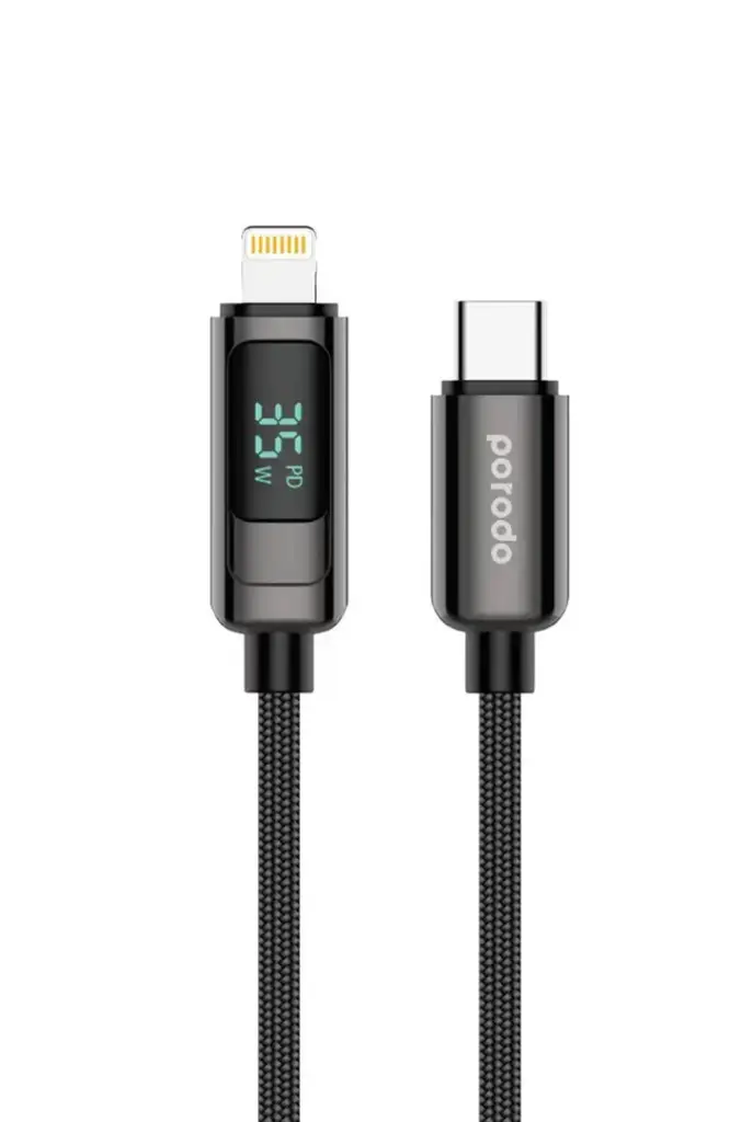 بورودو كابل مجدول USB-C إلى لايتنينغ بقدرة 35 واط مع شاشة للقدرة – أسود