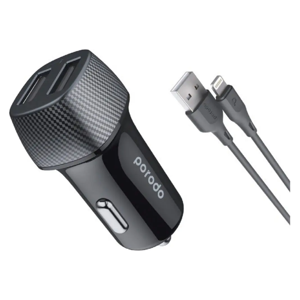 Porodo Dual-Port Aluminium Car Charger 3.4A with 0.9m Lightning Cable – Black