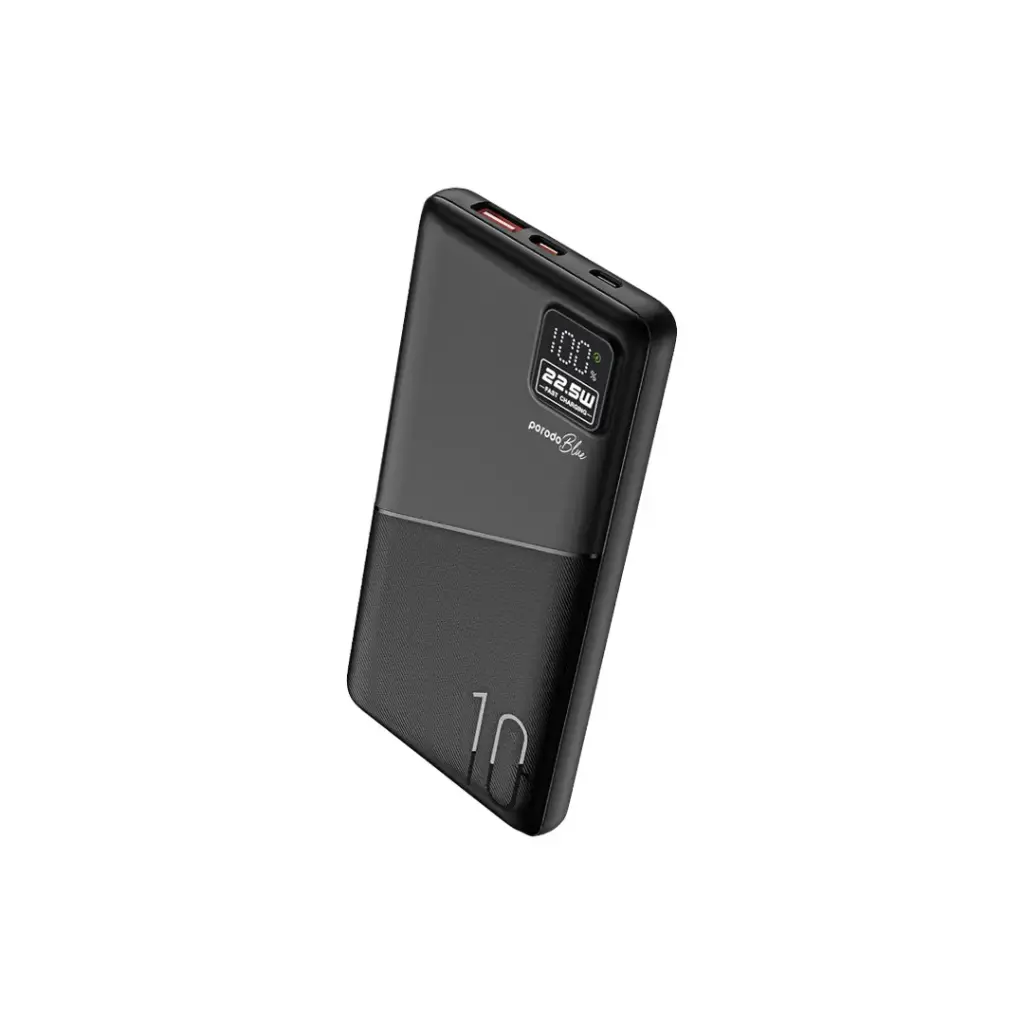 Porodo Blue 10000mAh Quick Charge Power Bank USB-A and USB-C Output - Black