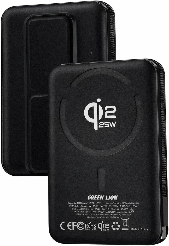 Green Lion Wellington Power Bank, Qi2.2 Wireless Technology, Built-in USB-C 10000mAh- Black