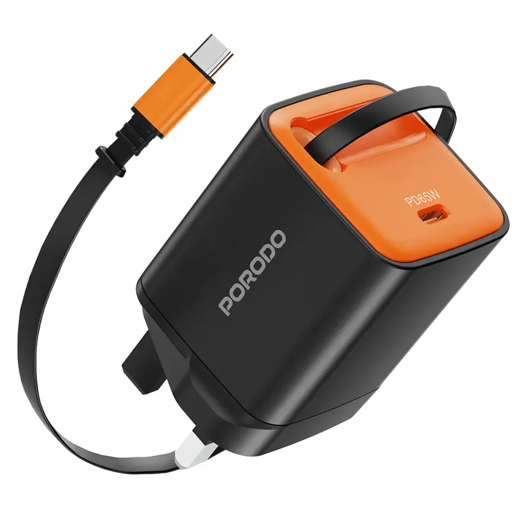 Porodo Tezpatro 65W GaN Charger with USB-C Retractable Cable - Black