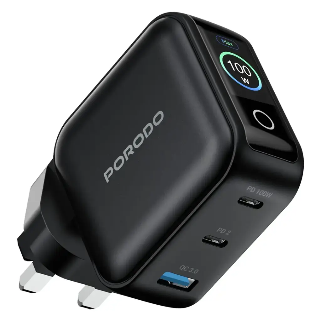 Porodo Nexora 100W 3-Port Wall Charger with LCD Display - Black