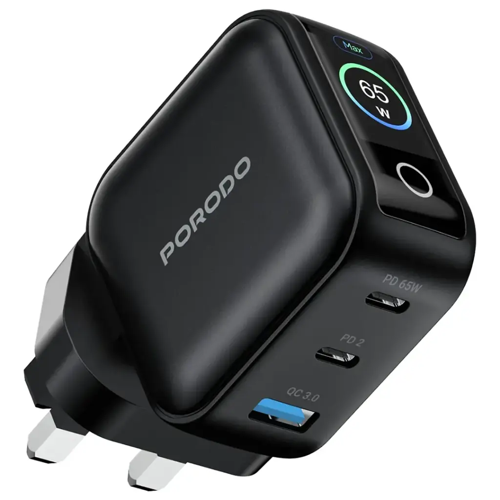 Porodo Nexora 65W 3-Port Wall Charger with LCD Display - Black
