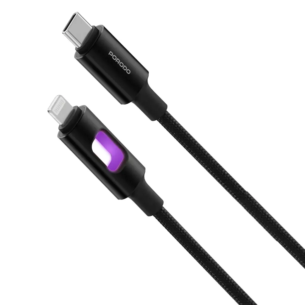 Porodo LED Braided USB-C to Lightning Charging & Data Cable - Black