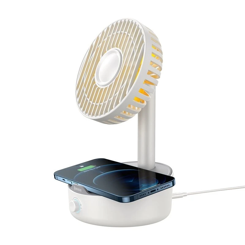 Baseus Desktop Oscillating Fan Portable Fan & Wireless Charger with Hidden Storage Box - White