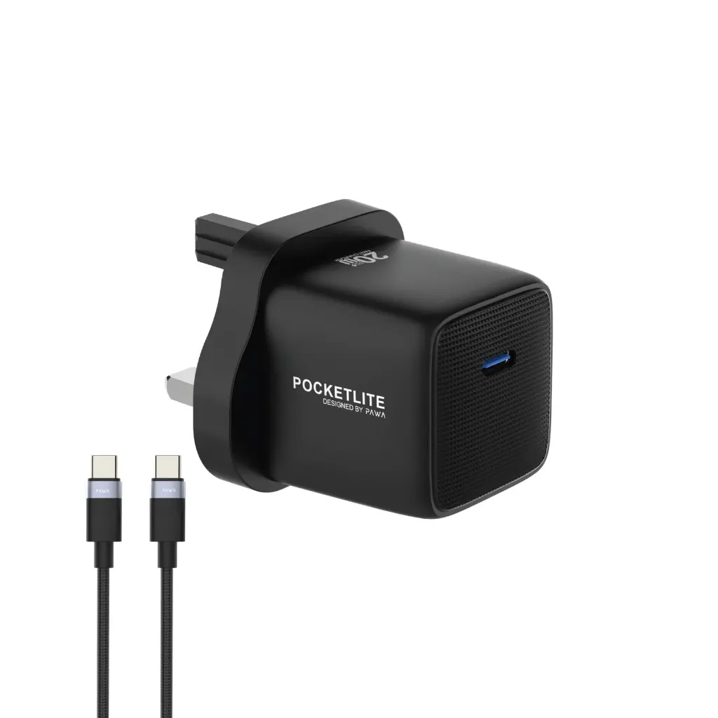 Pawa Pocketlite Travel Charger Type-C Includes Braided USB-C to USB-C Cable - Black