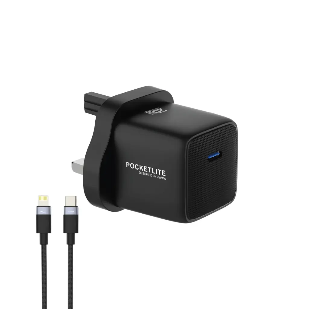 Pawa Pocketlite Travel Charger Type-C Includes Braided USB-C to Lightning Cable - Black