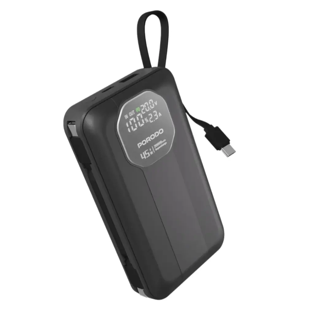 Porodo 20000mAh Power Bank, 45W USB-C PD Fast Charging, Built-In & Retractable Cable - Black