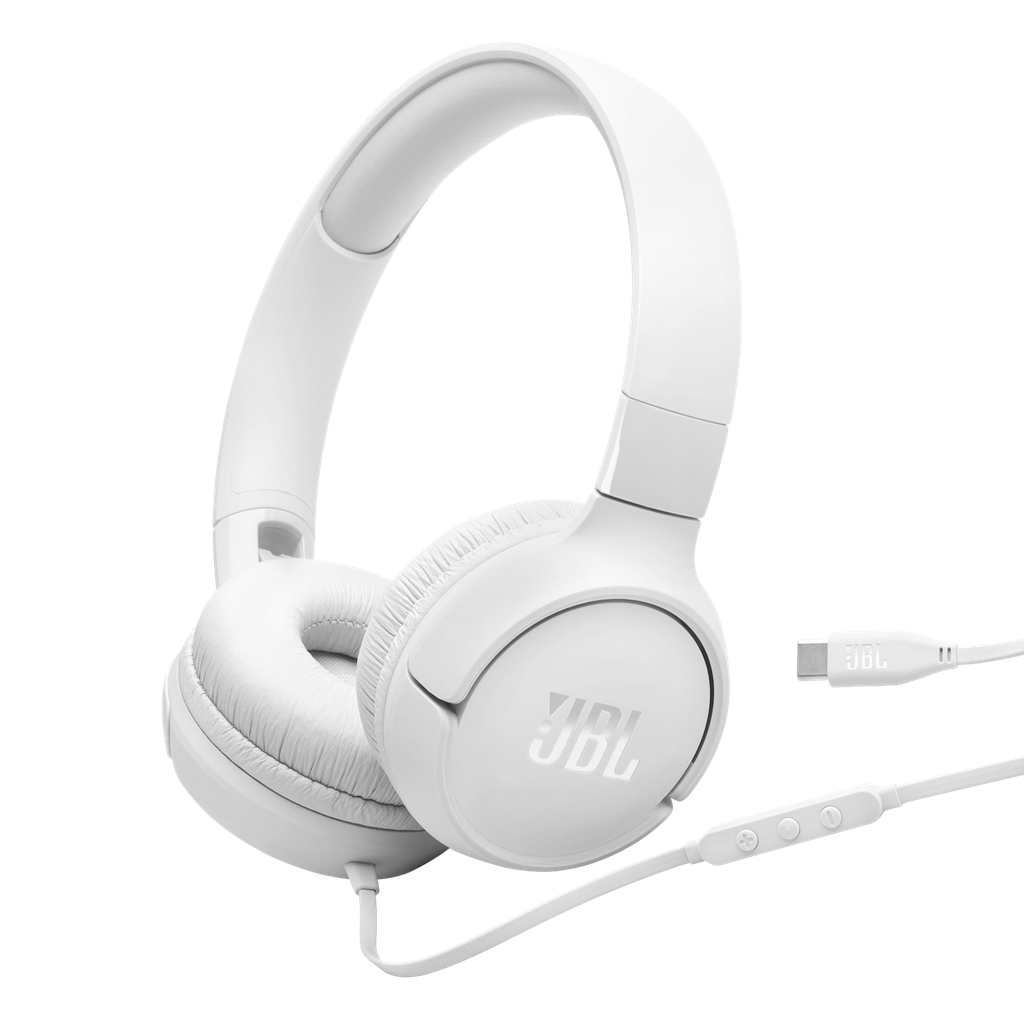 JBL Tune 520C USB-C Wired Headphones – Hi-Res Audio, JBL Pure Bass, Tangle-Free Flat Cable, Foldable Design – White