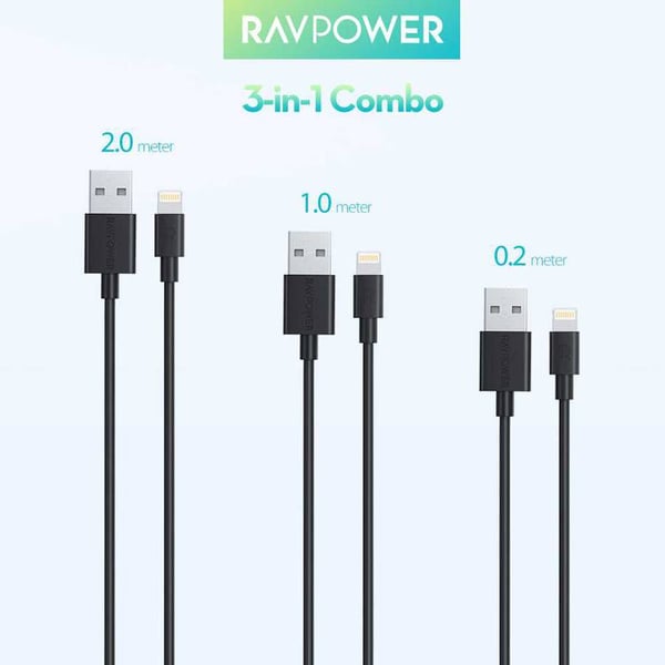 راف باور مجموعة كيابل USB من ثلاث قطع – أسود