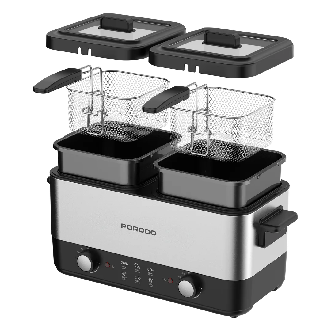 Porodo Lifestyle Dual Crispo 2 × 1.5L Electric Deep Fryer - Silver & Black