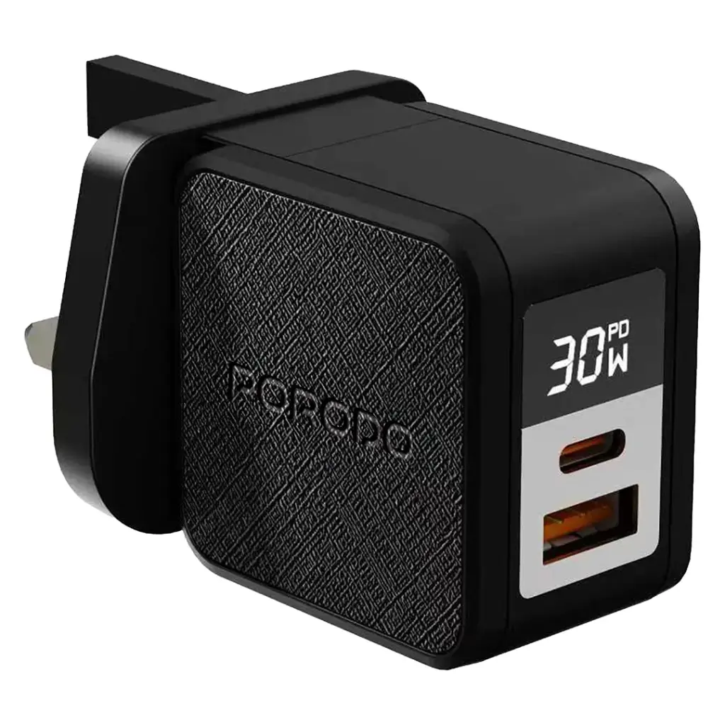 شاحن بورودو كوانتم GaN بقدرة 30 واط مع كابل USB-C إلى Lightning - أسود