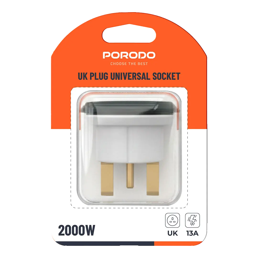 Porodo 2000W Universal Socket with UK Plug - White & Black