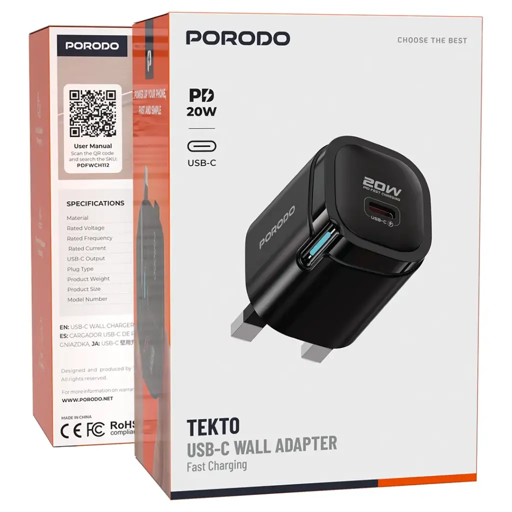 محول بورودو تيكتو PD بقدرة 20 واط ومنفذ USB-C - أسود